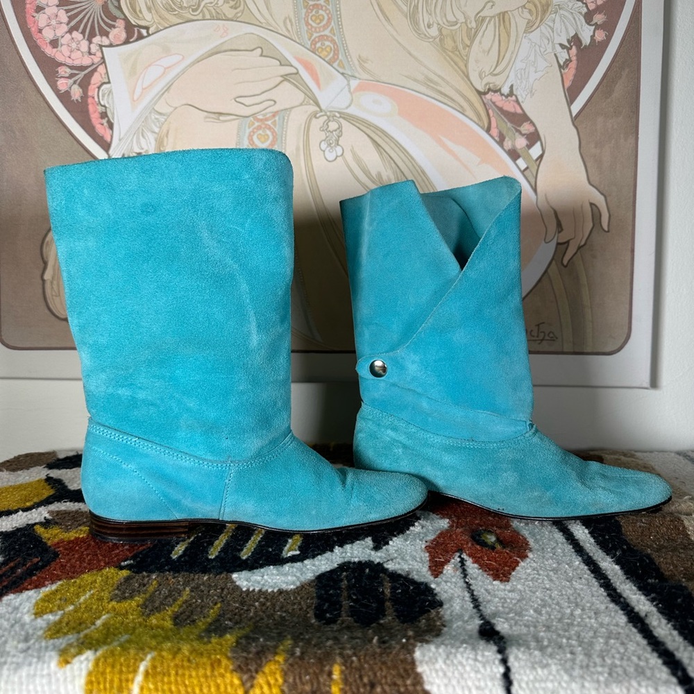 Vintage Turquoise Blue‎ Genuine Leather Suede Women’s Boots